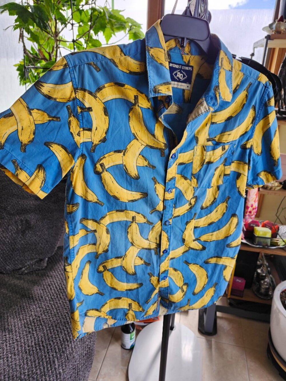Amongst Others Men's Short-Sleeve Banana Print Button Shirt - Blue/Yellow Large